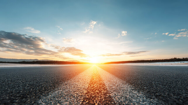 Desolate asphalt road stretching toward a vibrant sunset horizon, representing endless opportunities, liberation, and an expansive path awaiting exploration