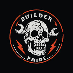 Fototapeta premium Vintage BUILDER PRIDE MECHANIC SKULL Motorcycle EMBLEM PATCH Vector Illustration