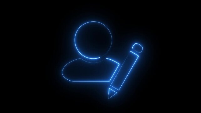 Neon user editing icon with pencil and blue glow on dark background, profile update concept animation.