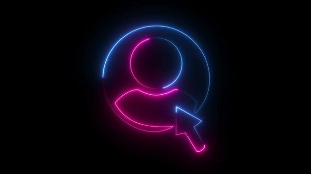 Neon user select icon with cursor click pink and blue glow on dark background, choice concept animation.