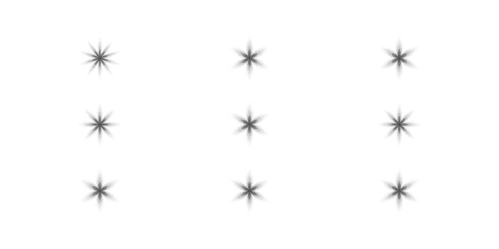 Minimalist grunge stars and asterisks with grain texture and fading edges. Vector set of retro Y2K elements for vintage posters, digital collage, and edgy layouts