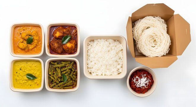 Traditional Sri Lankan String Hoppers , Rice with Curries and Sambol in Eco-Friendly Meal Box