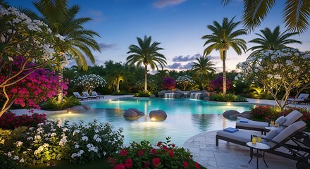 Fototapeta premium Luxurious tropical resort swimming pool illuminated at dusk with palm trees, vibrant flowers, and lounge chairs.