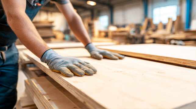 Skilled worker's hands in gloves carefully handling and selecting plywood sheets, emphasizing industrial woodworking and construction material