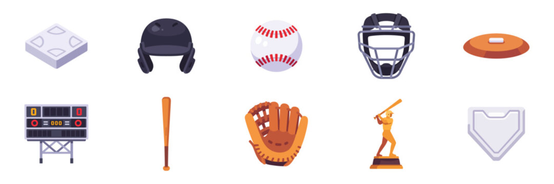 Set of baseball sport icons, bat, ball, glove, helmet, scoreboard, colorful collection with vector flat illustrations