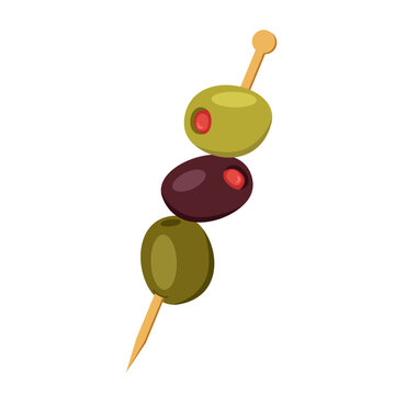 Green and black olives with paprika on stick isolated on white background. Vector illustration of healthy greek food
