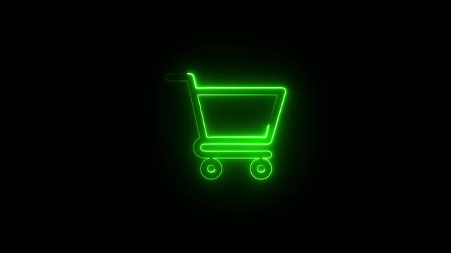 Bright green neon shopping cart symbol on a black background, representing online shopping and e-commerce