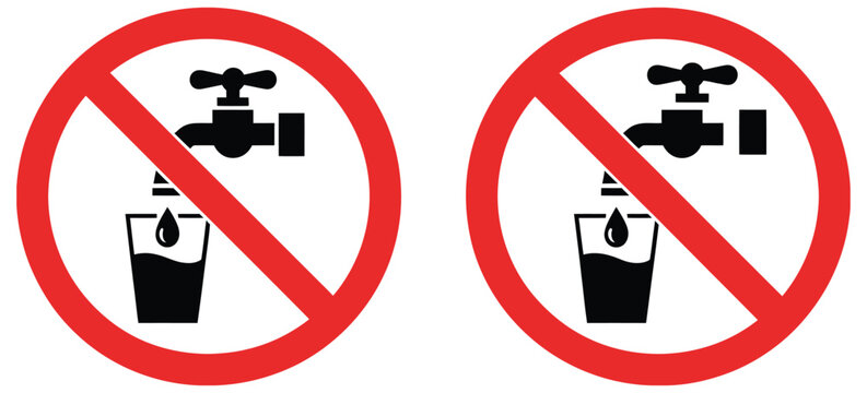 No drinking water prohibition black red sign icon set, non potable water restriction symbols, do not drink liquid warning icons, unsafe water hazard sign collection, safety caution and hygiene protect