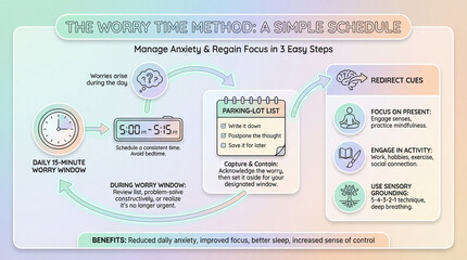 Fototapeta premium Worry time method infographic structures focus. Worry infographic shows daily worry window, parking lot list, redirection cues, grounding, mindfulness, focus habits for calmer days