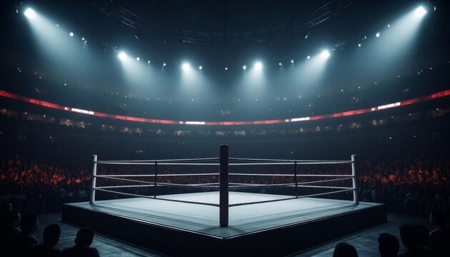 The boxing ring stands empty, illuminated by bright lights in the arena. The audience watches eagerly, their excitement palpable for the upcoming fight in the boxing ring.