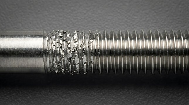 Detailed view of a metal bolt showing corrosion and wear dilution refrigerator, cryostat, cryogenic hardware, quantum cooling system, millikelvin background, copy space