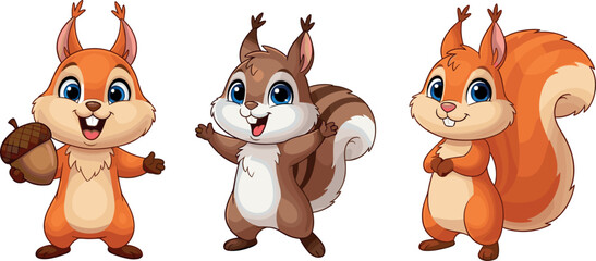 Cute cartoon squirrel characters set holding acorn playful woodland animals colorful vector illustration isolated on white background for kids design © Lunavera art