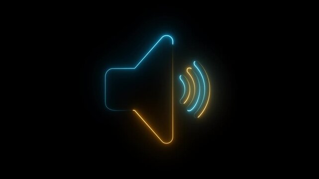 Neon speaker volume icon with blue and yellow glow on dark background, sound audio signal concept animation.