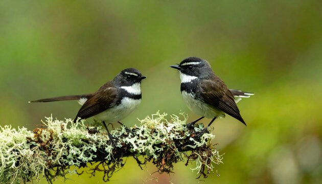 Two South Island robins perched on a mossy branch.