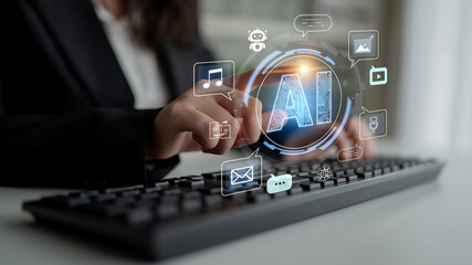 Naklejka premium Artificial intelligence assistant supporting conversation, email, voice, music, video and creative workflows across platforms. Corpus