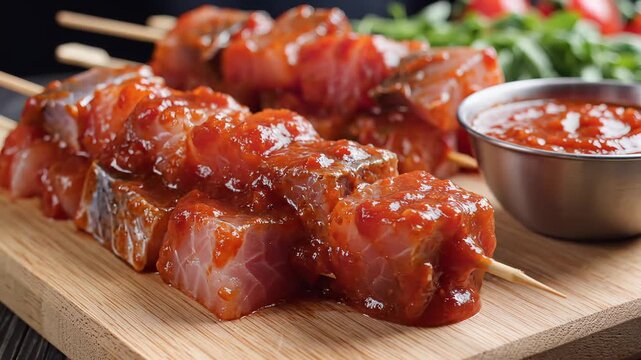 Delicious Raw Fish Skewers Marinated in Savory Sauce Ready for Grilling.