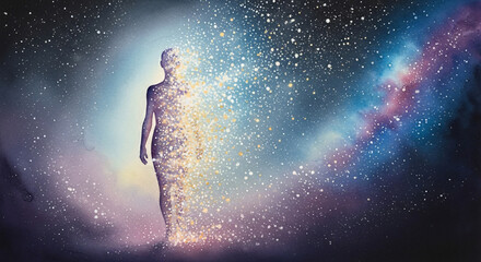 Naklejka premium Spiritual Transformation And Evolution Dissolving Figure Into Light Particles Watercolor Illustration JPG
