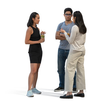 Two Asian women and a man standing and talking casually, isolated on transparent and white background