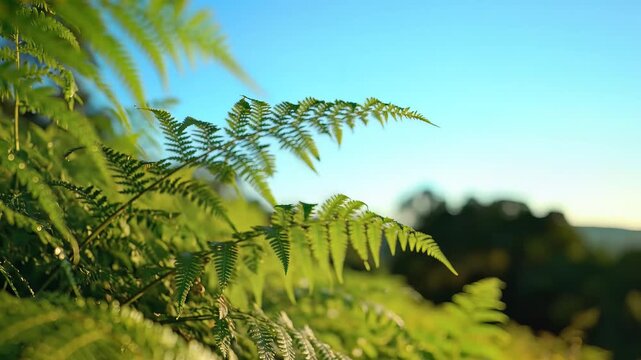 Close up of green fern leaves against a bright blue sky.