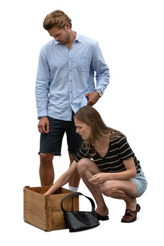 Man and woman looking something from a wooden box at a flea market, isolated on white and transparent background