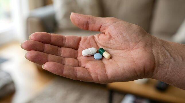 Elderly hand holding multiple prescription pills at home - healthcare and medicine concept