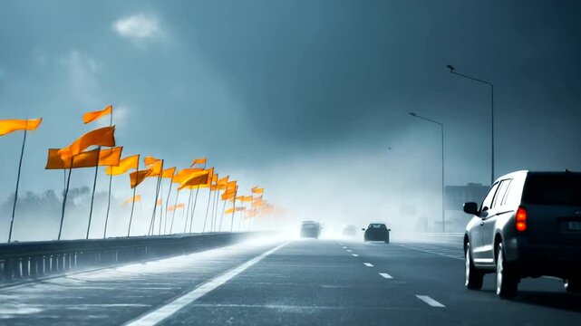 Stormy highway with cars and flags in the distance