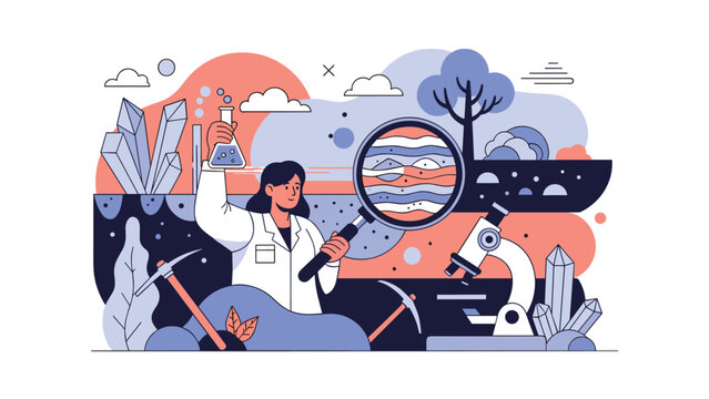 Female geologist in a lab coat examining mineral samples with a magnifying glass and microscope in a colorful research environment.
