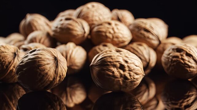Closeup Macro Shot of a Pile of Fresh Walnuts on a Reflective Surface.