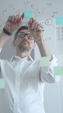 Thoughtful businessman wearing glasses concentrating on complex project plan. Analyzing strategy. Working with sticky notes and flowcharts on a clear glass board