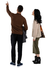 Man and woman looking at something and pointing at it. PNG image isolated on white and transparent background © Martin