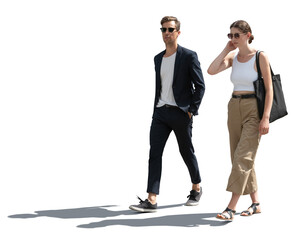 Obraz premium Stylish man and woman walking in the street in summer, isolated on white and transparent background