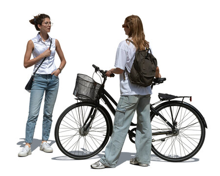 Woman with a bicycle standing and talking to her girlfriend, isolated on white and transparent background