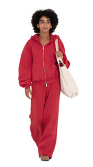 Beautiful black woman in a casual all red outfit walking, isolated on white and transparent...
