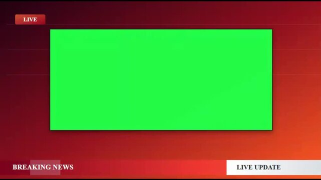 Breaking news broadcast interface with green screen placeholder, live update television graphic on red gradient studio background 4K