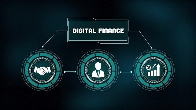 Digital finance dashboard with business icons, analyzing online investment success and growth, professional partnership and leadership strategy.