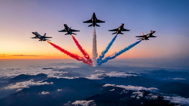 Fighter jets formation with colored smoke over clouds at sunset