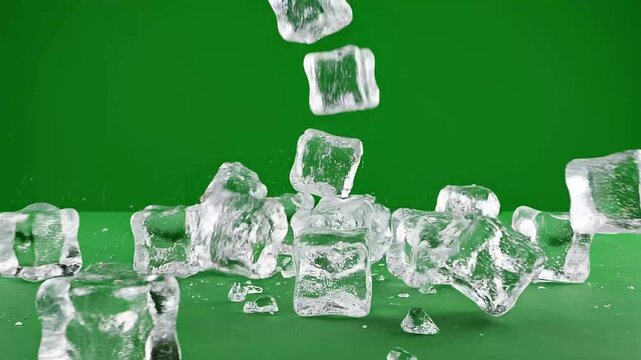 Ice Cubes Falling and Bouncing on Green Screen 4K Seamless Loop
