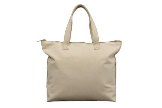 Beige fabric tote bag with zipper and handles, presenting empty casual canvas shopping carryall on transparent background