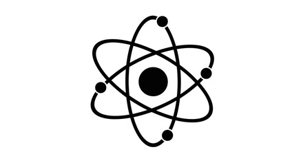 Atom model icon, science symbol, nucleus with orbiting electrons, black and white © Kadal