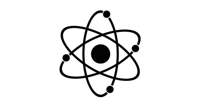 Atom model icon, science symbol, nucleus with orbiting electrons, black and white