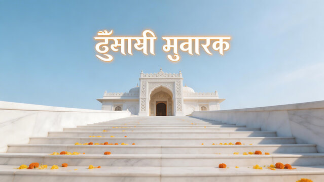 White marble stairs lead to an ornate temple gate