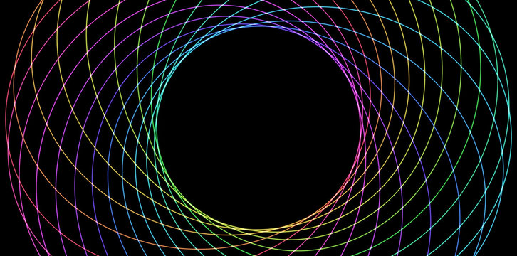 Circular 3D render of a neon spiral spirograph with colorful light lines