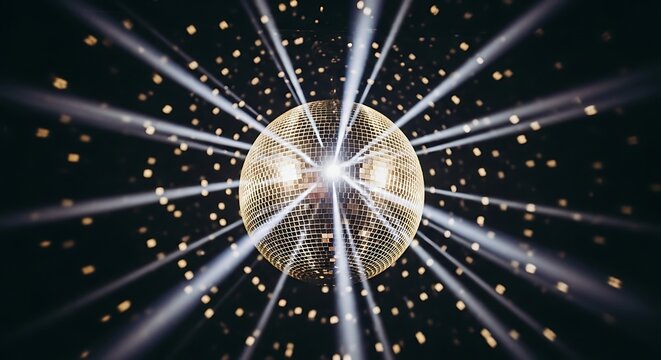 Close up of a disco ball reflecting light in a dark room with small square shaped reflections around it