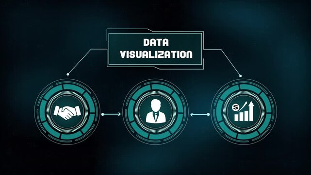Data visualization interface featuring a professional handshake, executive profile, and financial growth bar chart for corporate strategy.
