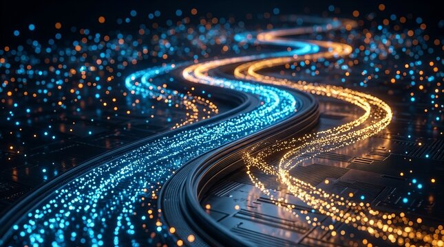 Flowing streams of vibrant digital data light illuminating a futuristic network path