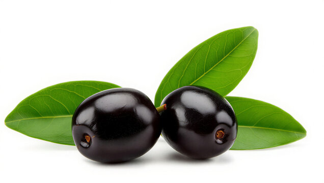 black olives with leaves isolated on white background. fresh Syzygium cumini, also known in india as Jamun or Indian black jamun, kala jamun, jambolan plum, java plum.