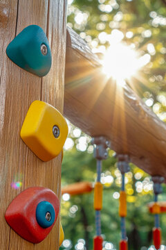 A close-up view of a wooden cabinet with colorful knobs