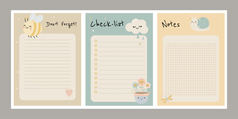 Funny planner pages featuring a cute bee, a little cloud, a flower pot, and a snail © Tetiana Shpak