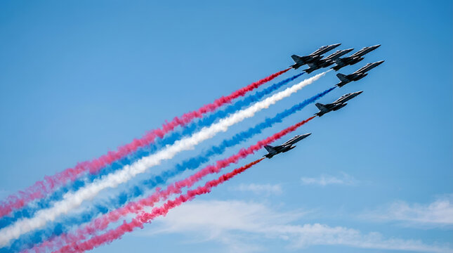 Nine fighter jets with red white blue smoke in formation