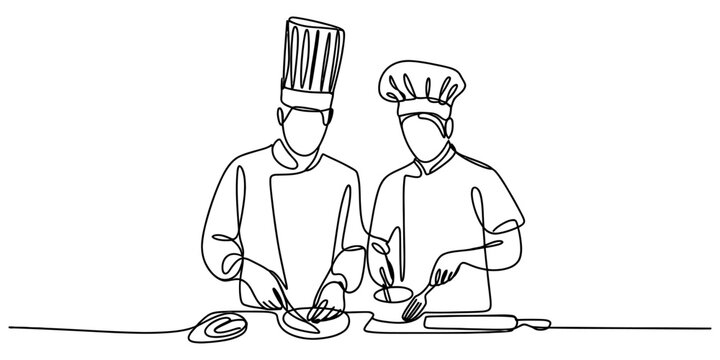 Continuous single line drawing of two professional chefs working together in a commercial kitchen